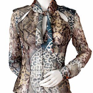 Just Cavalli Silk Blouse – Snake Print Tie Neck Top, Italian Designer Shirt